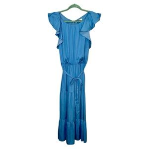 LOFT Dusty Blue Tiered Ruffle Sleeveless Midi Summer Dress